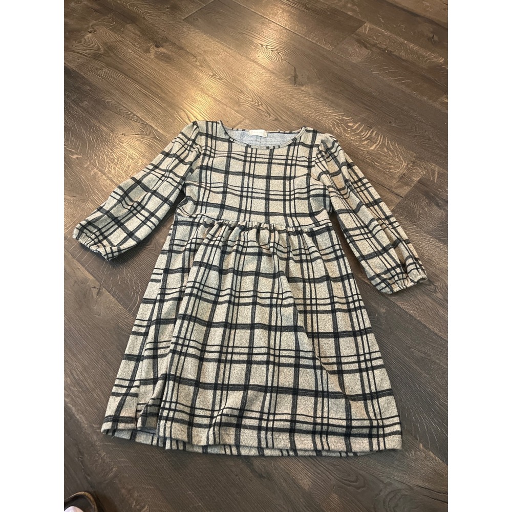 Altar'd State Kids Grey‎ Black Plaid Long Sleeve Babydoll Dress Size M TR365
